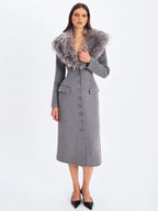 Faye Grey Wool Blend Single Breasted Coat with Removable Faux Fur Collar