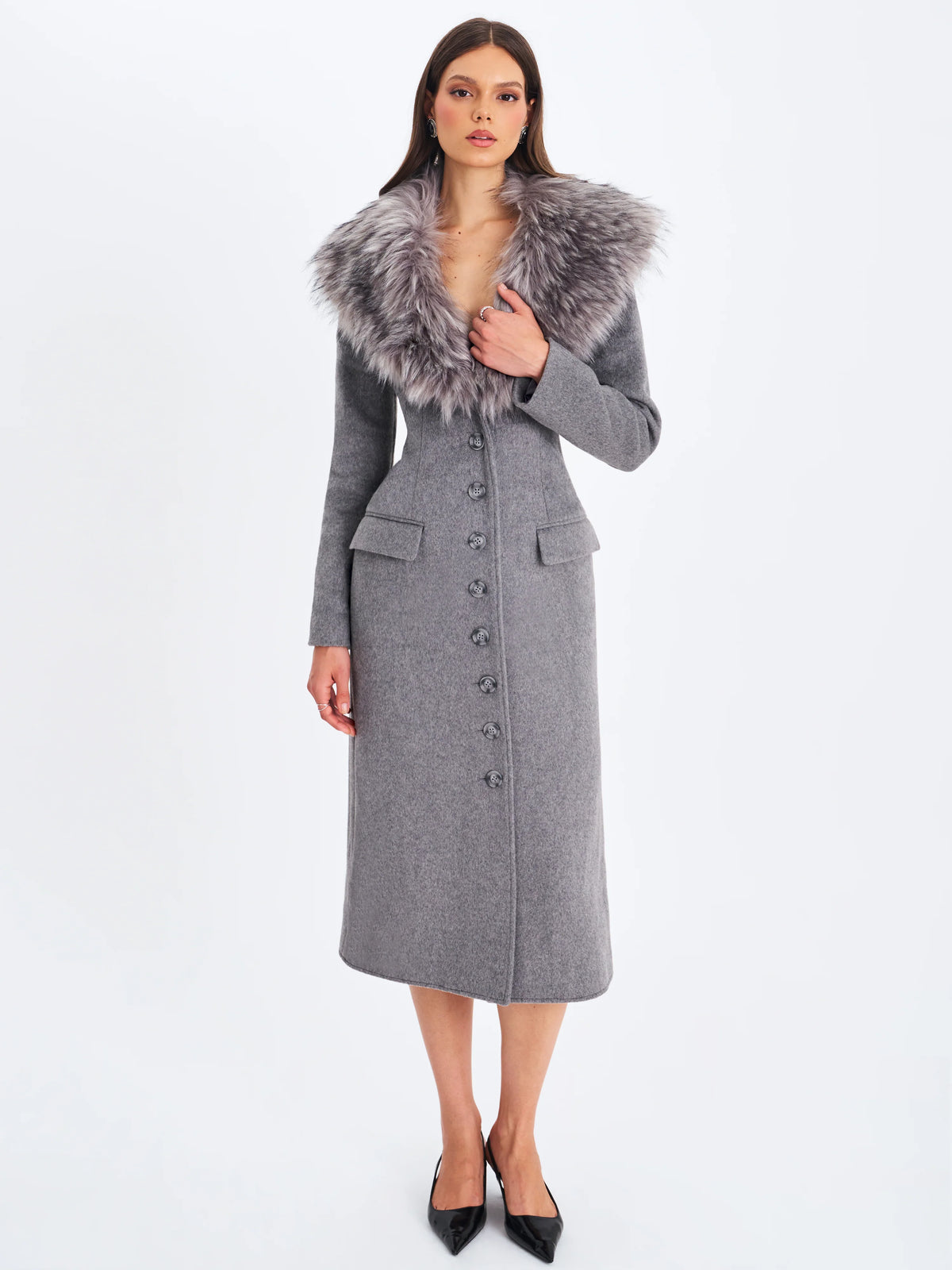 Faye Grey Wool Blend Single Breasted Coat with Removable Faux Fur Collar