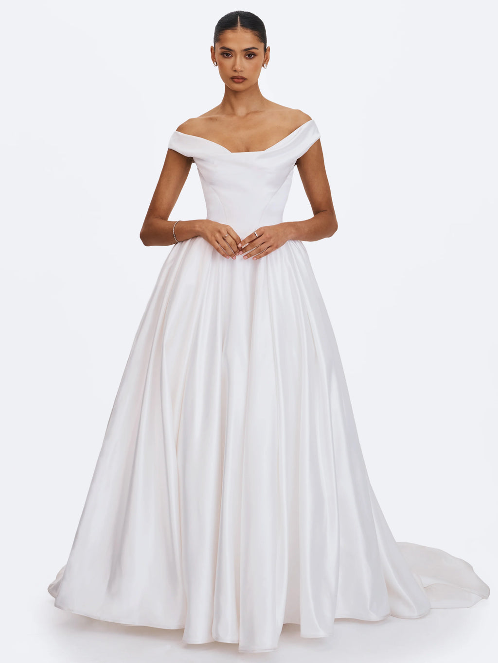 Unna White Satin Bardot Cowl Wedding Gown