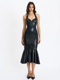 Gardenia Black Leather Midi Sweetheart Halter Flared Dress
