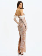 Quinci Apricot Beaded Sequin Sweetheart Maxi Dress