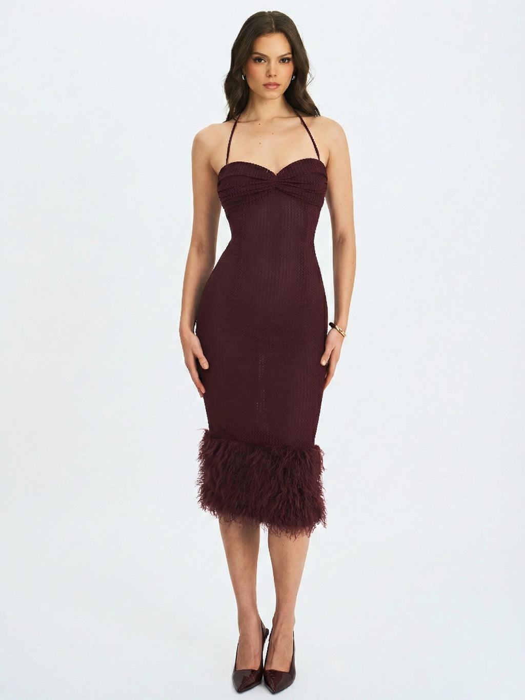 Pluma Maroon Halter Faux Fur Trimmed Midi Dress