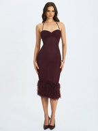 Pluma Maroon Halter Faux Fur Trimmed Midi Dress