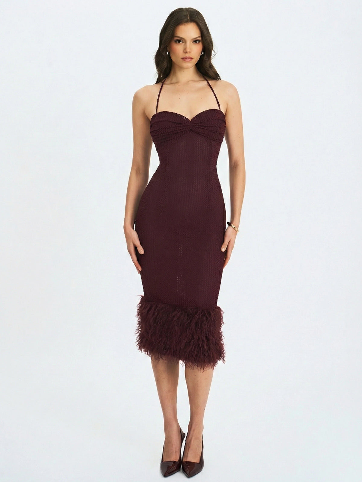 Pluma Maroon Halter Faux Fur Trimmed Midi Dress