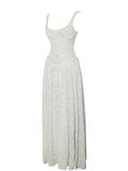 Ulissa Light Green Square Neck Jacquard Textured High Slit Maxi Dress