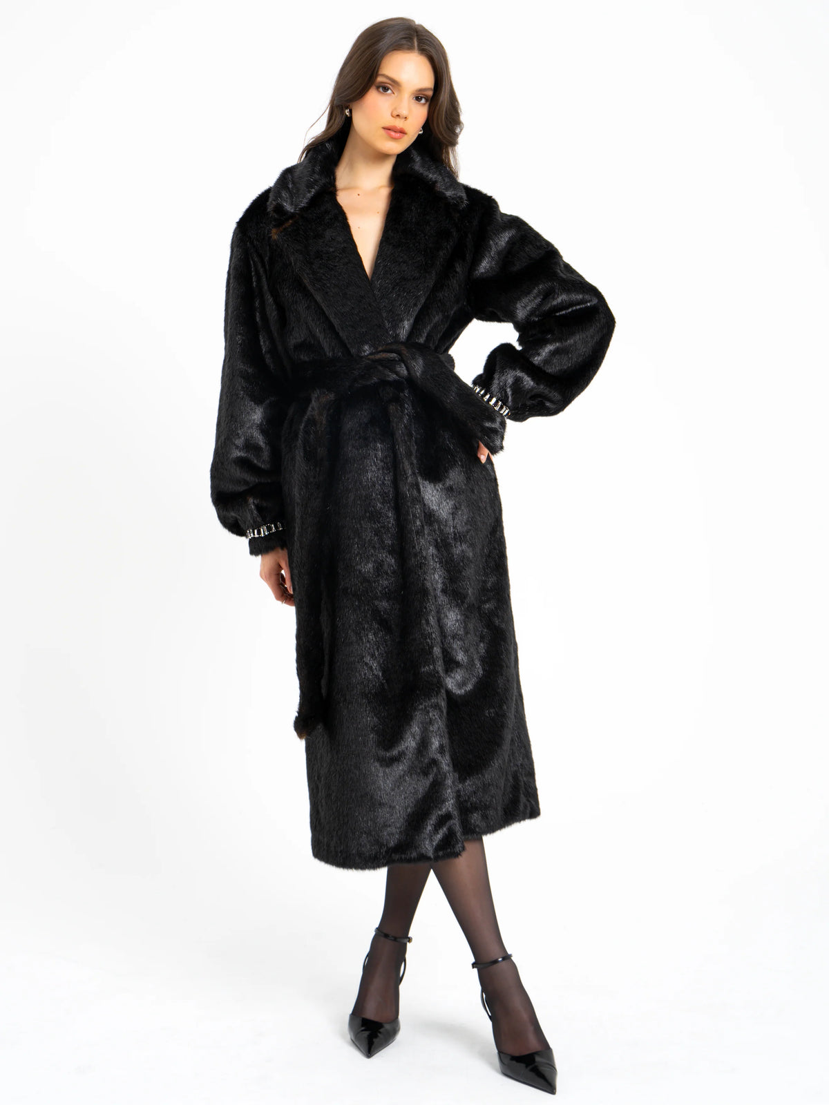 Yahia Black Vegan Long Faux Mink Coat Archive Sale