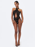 Breanna Black Velvet Lace Crossover Halter Swimsuit