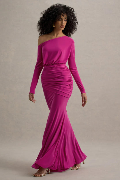 Deanna Hot Pink Asymmetric Long Sleeve Ruched Maxi Dress