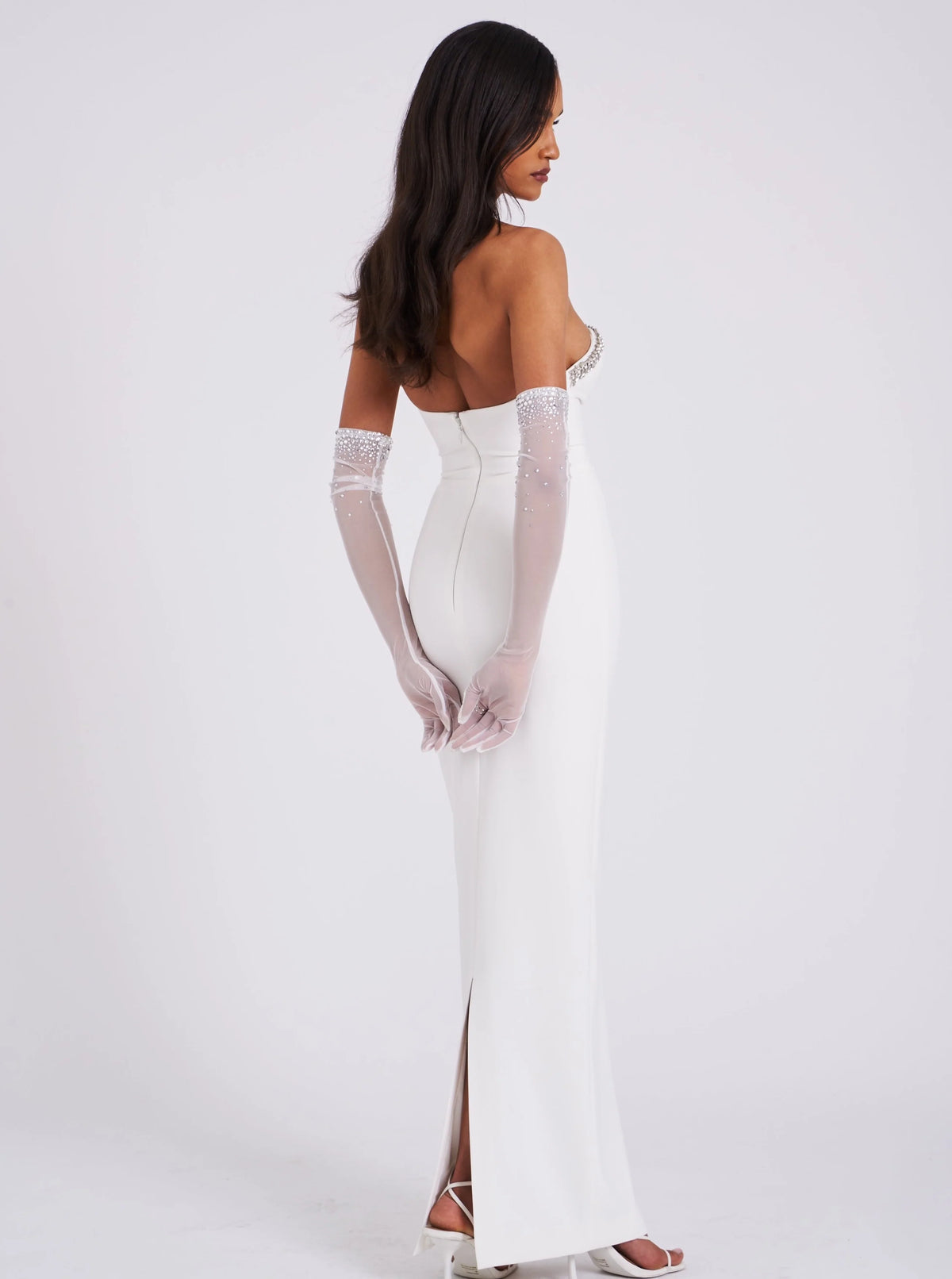 Izzy White Crystal Opera length Gloves