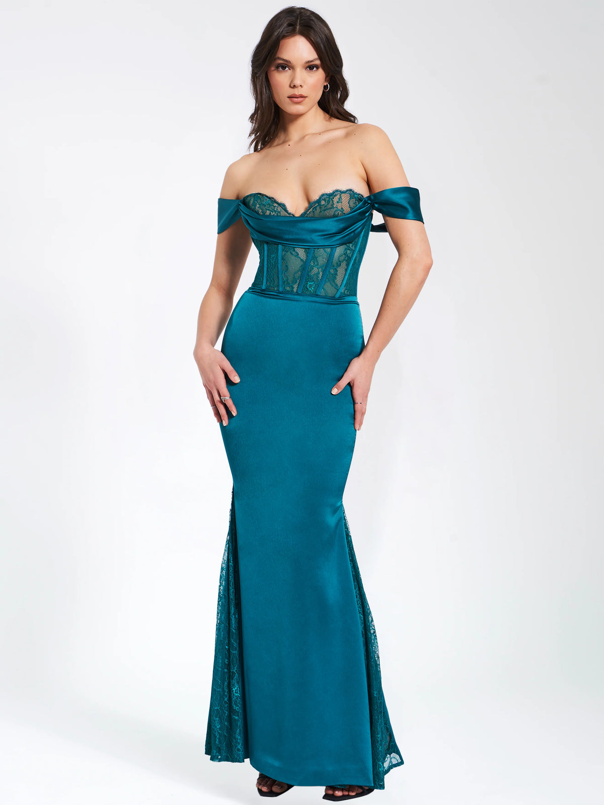 Callista Teal Satin Lace Corset Maxi Dress Archive Sale