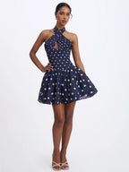 Yamina Navy Polka Dot Ramie Crossover Halter Gathered Mini Dress