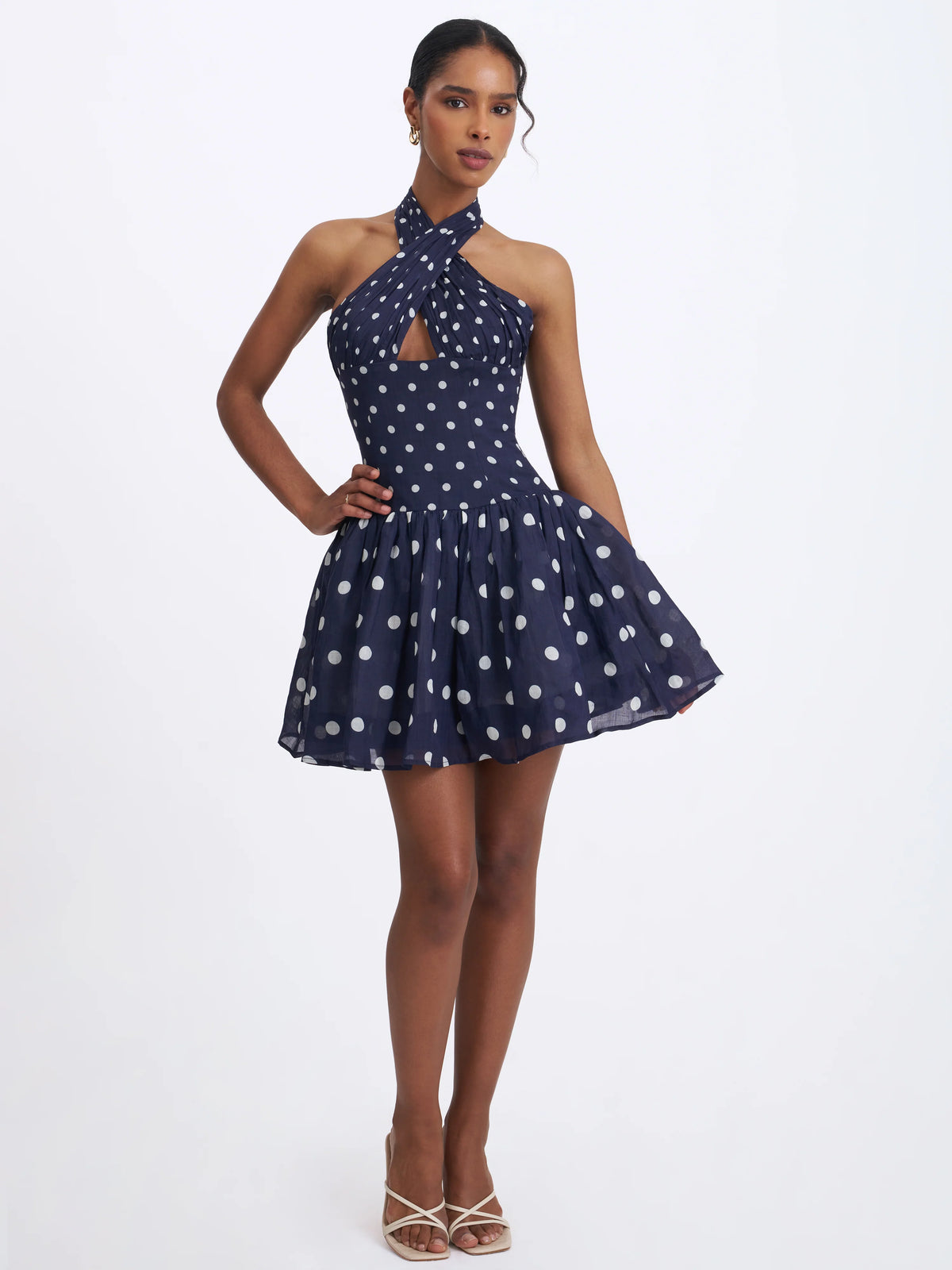 Yamina Navy Polka Dot Ramie Crossover Halter Gathered Mini Dress