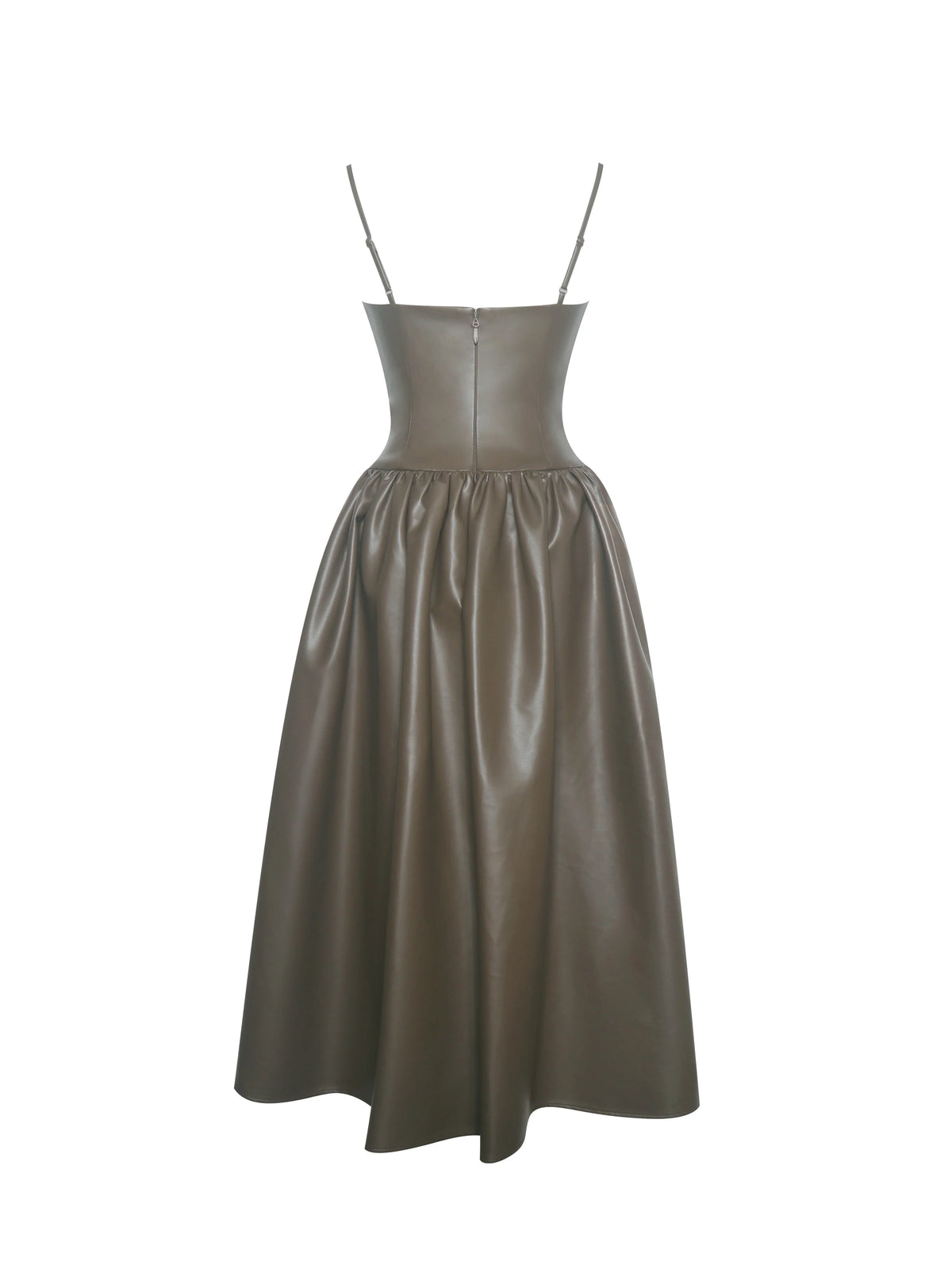 Parisia Cocoa Vegan Leather Drop Waist Midi Dress
