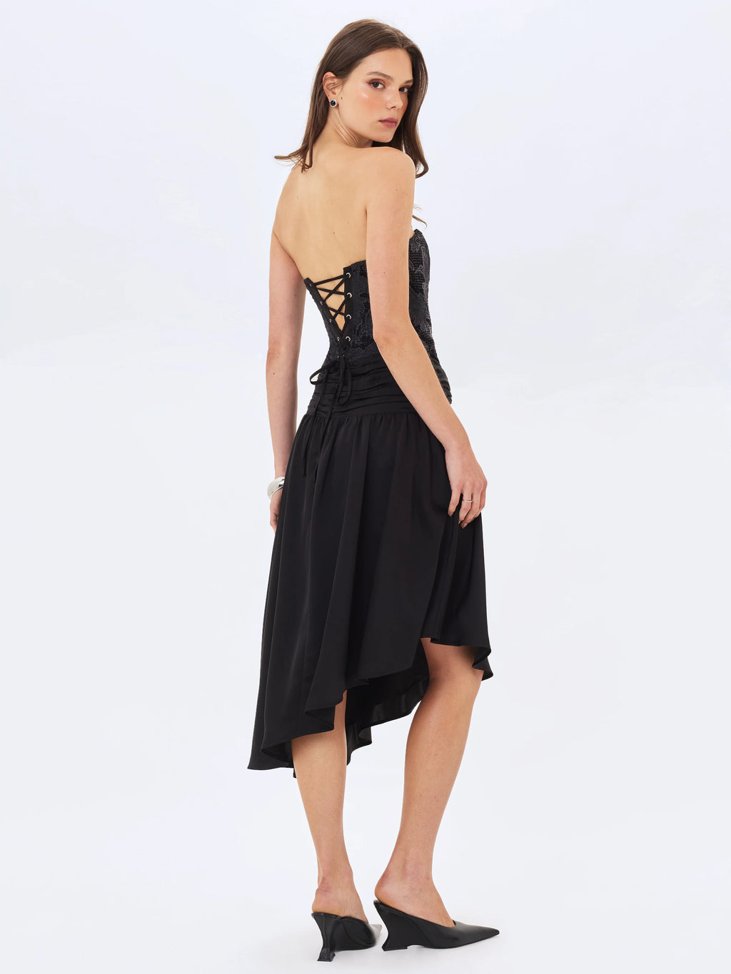 Yoseline Black Velvet Lace Cutout Asymmetrical Satin Midi Dress