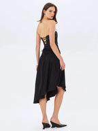 Yoseline Black Velvet Lace Cutout Asymmetrical Satin Midi Dress