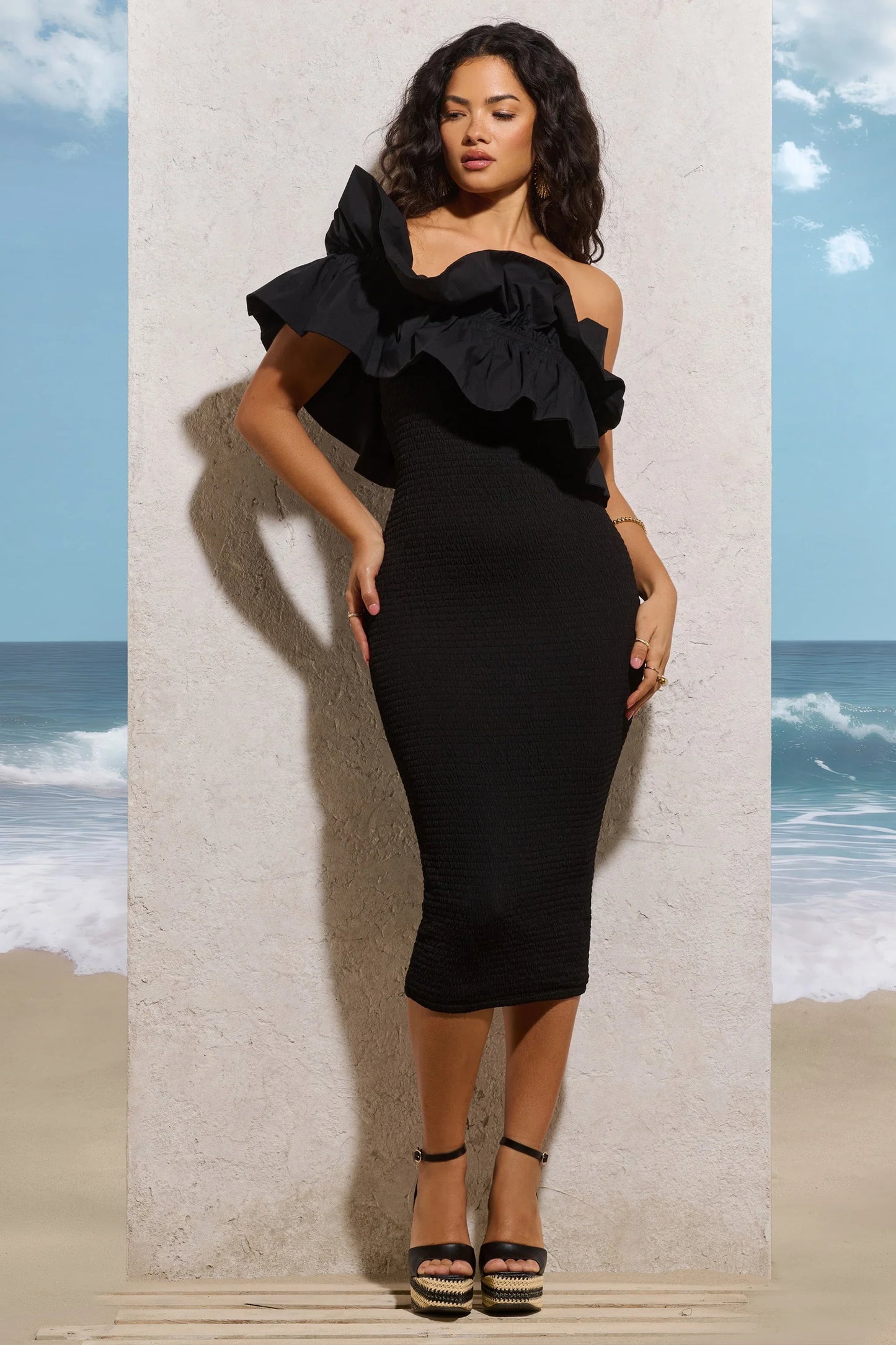 When In Rome Black Asymmetric Ruffle Midi Dress