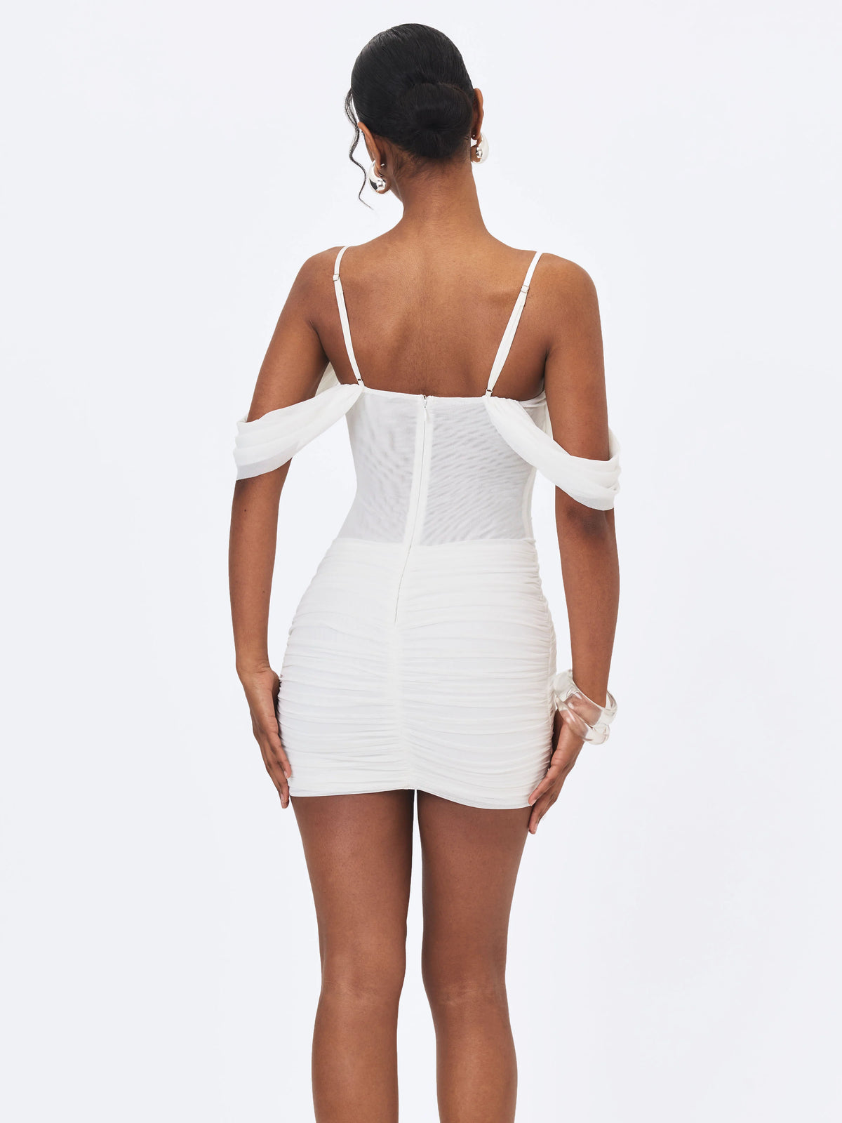 Umnia White Mesh Off Shoulder Drape Mini Dress