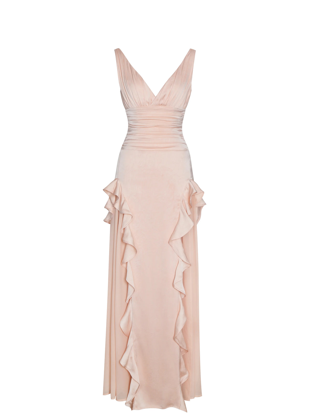 Talyssa Baby Pink Ruched Waist Double High Slit Maxi Gown Archive Sale