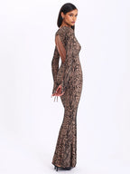 Waylynn Nude Black Animal Print Burnout Velvet Detail Mesh Backless Maxi Dress