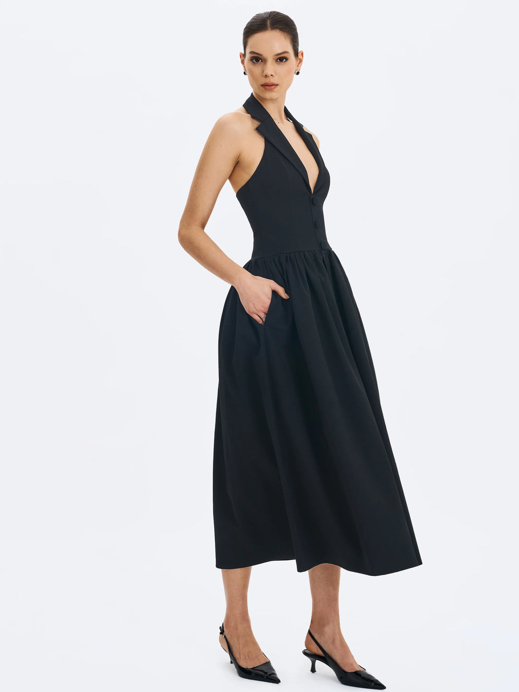 Delaney Black Lapel Halter Midi A Line Dress