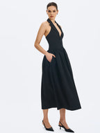 Delaney Black Lapel Halter Midi A Line Dress