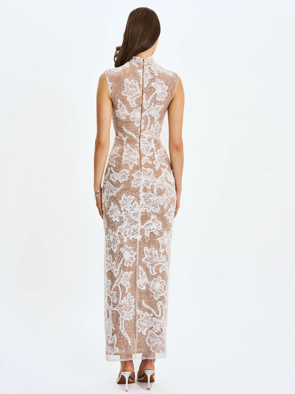 Tavia White Beaded Teardrop Neckline Maxi Dress