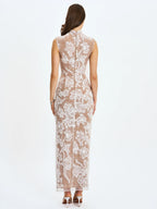 Tavia White Beaded Teardrop Neckline Maxi Dress