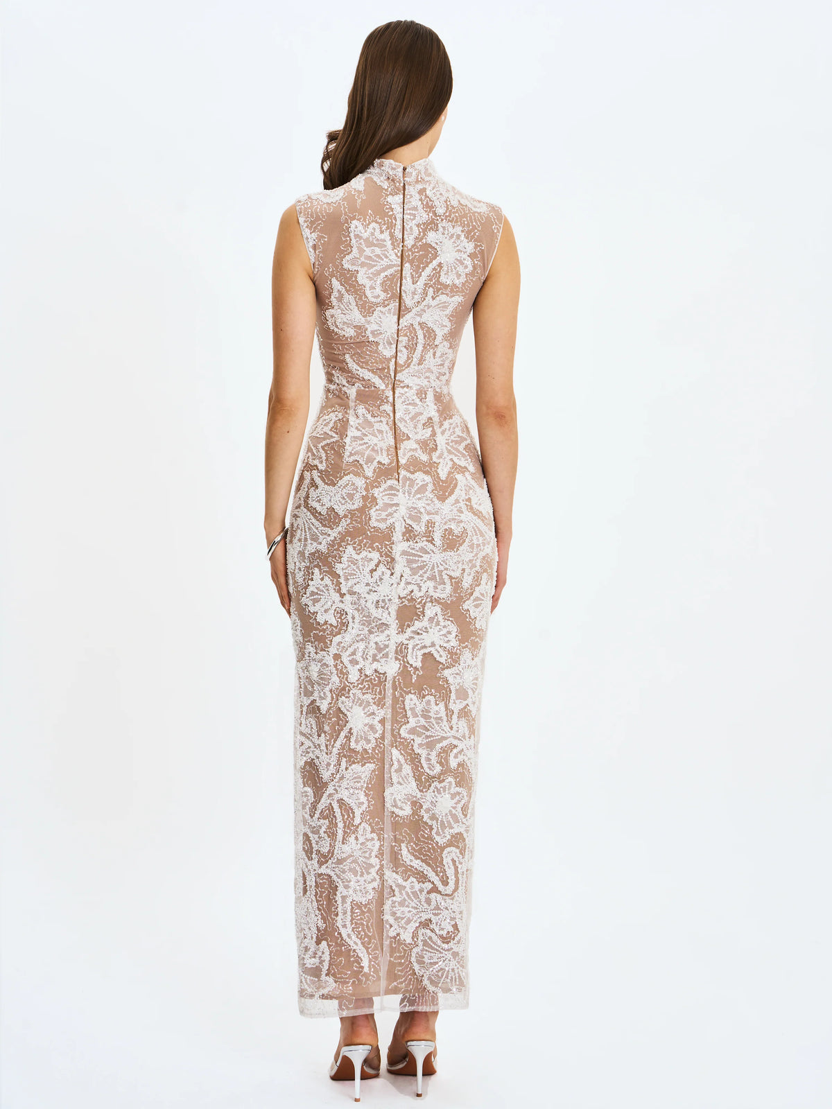 Tavia White Beaded Teardrop Neckline Maxi Dress
