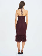 Pluma Maroon Halter Faux Fur Trimmed Midi Dress