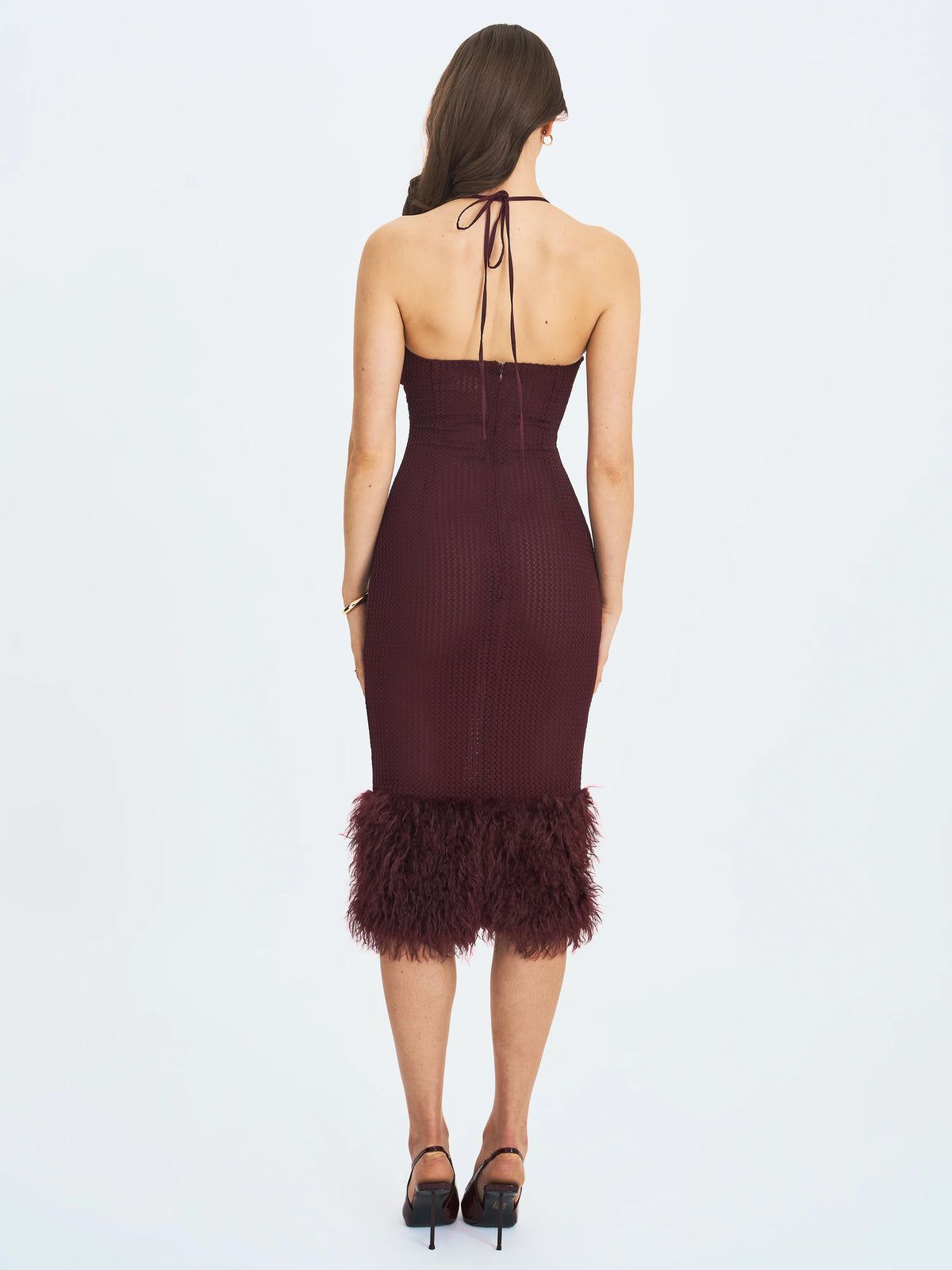 Pluma Maroon Halter Faux Fur Trimmed Midi Dress