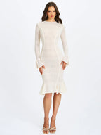 Pamina Beige Crochet Long Sleeve Midi Flare Mermaid Dress