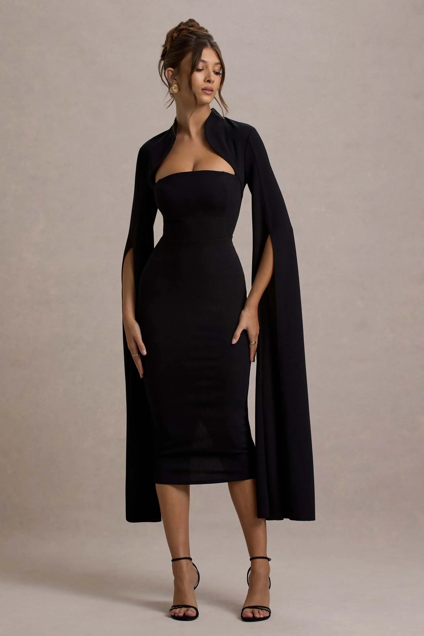 Linden Black Bodycon Cape Sleeve Midi Dress