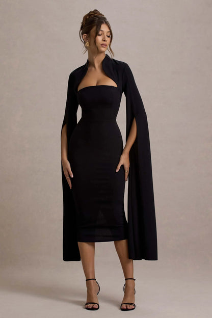 Linden Black Bodycon Cape Sleeve Midi Dress