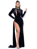 Zenaida Black Cutout High Slit Velvet Gown Archive Sale