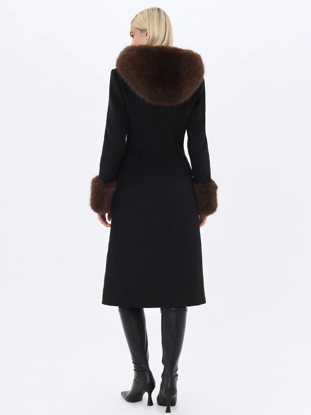 Sloan Black Wool Blend Sculpted Midi Coat with Fur Hood