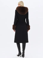 Sloan Black Wool Blend Sculpted Midi Coat with Fur Hood
