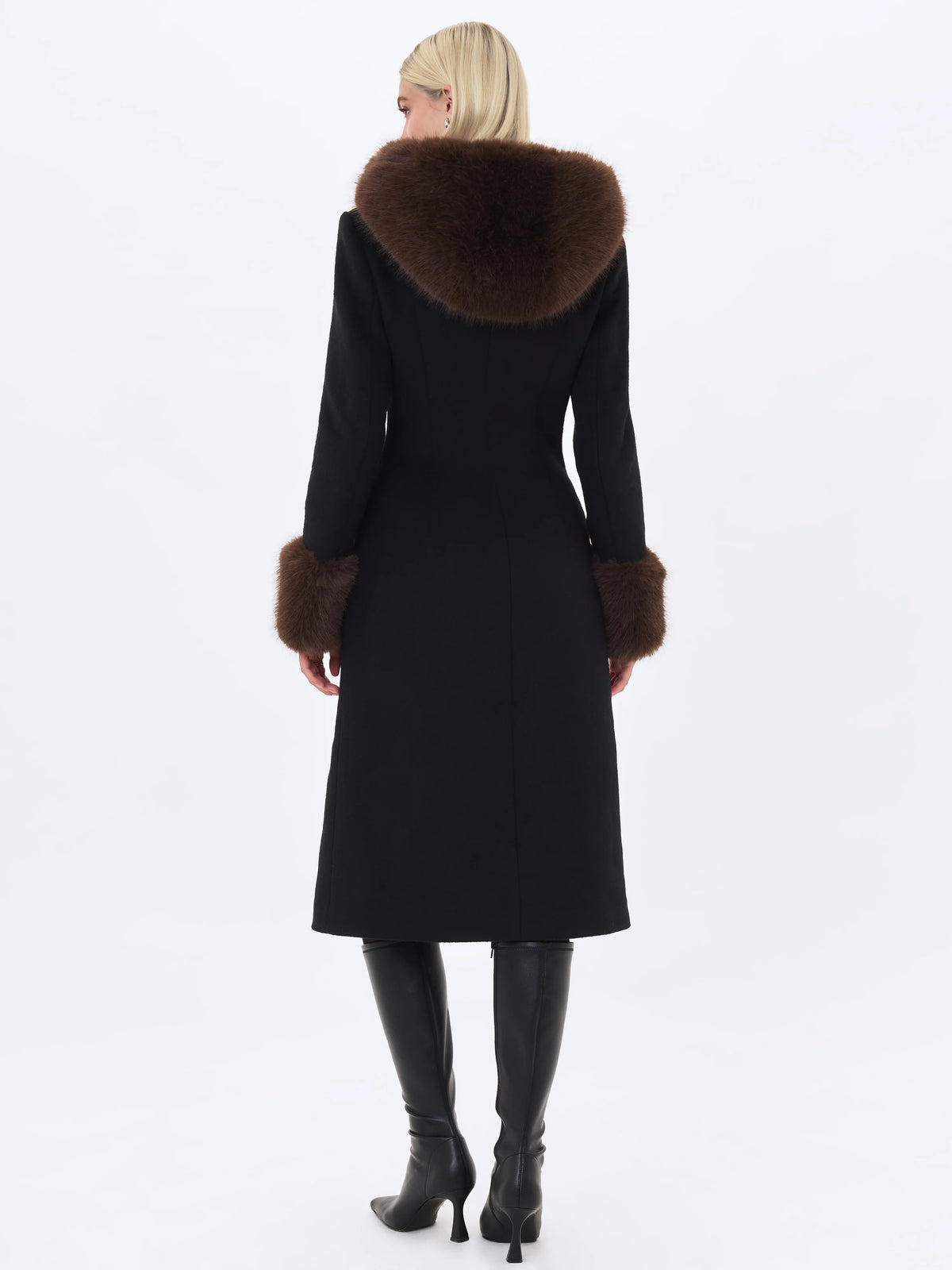 Sloan Black Wool Blend Sculpted Midi Coat with Fur Hood