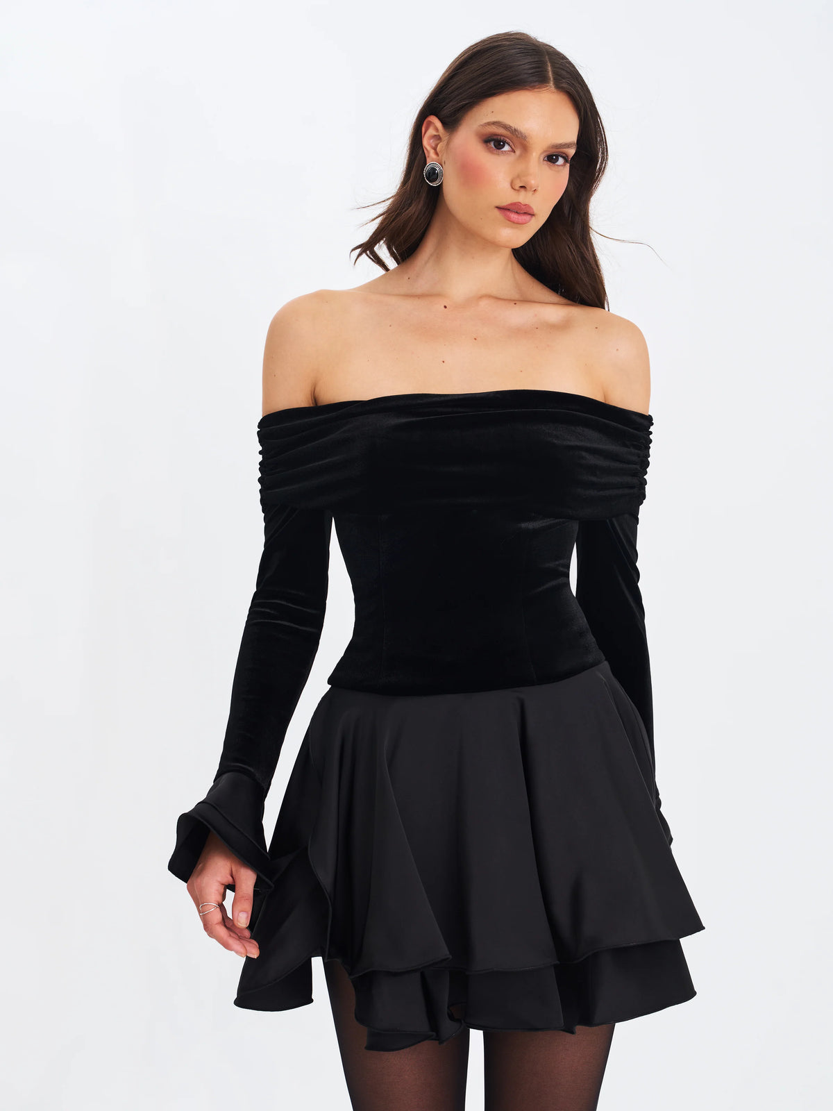 Magnolia Black Off Shoulder Layered Satin Mini Dress