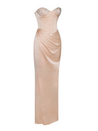 Amelia Blush Satin Corset Slit Gown With Crystal Embellished Archive Sale
