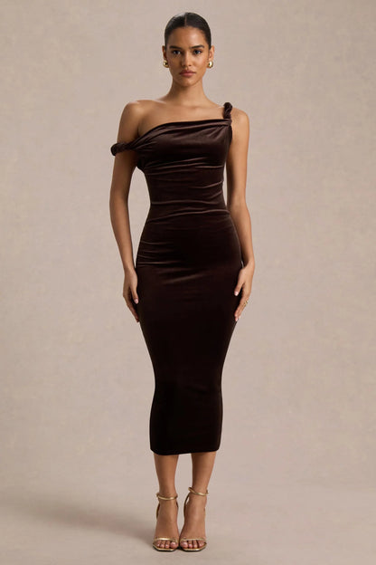 Carella Brown Velvet Twisted Asymmetric Midi Dress