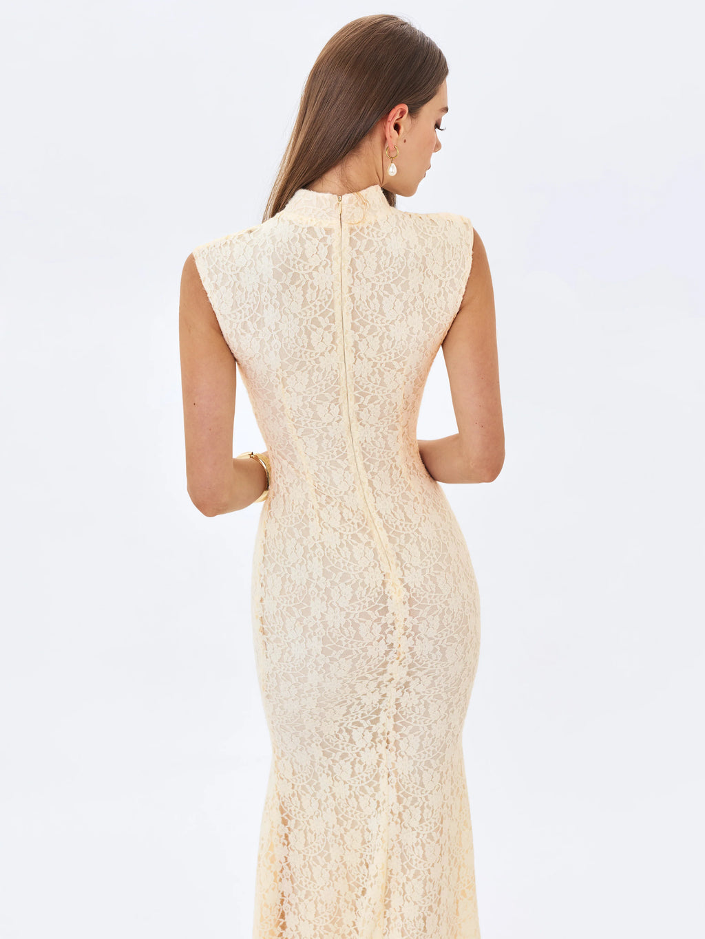 Garcelle Cream Brushed Lace Keyhole Mermaid Midi Dress