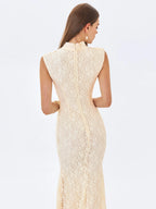 Garcelle Cream Brushed Lace Keyhole Mermaid Midi Dress