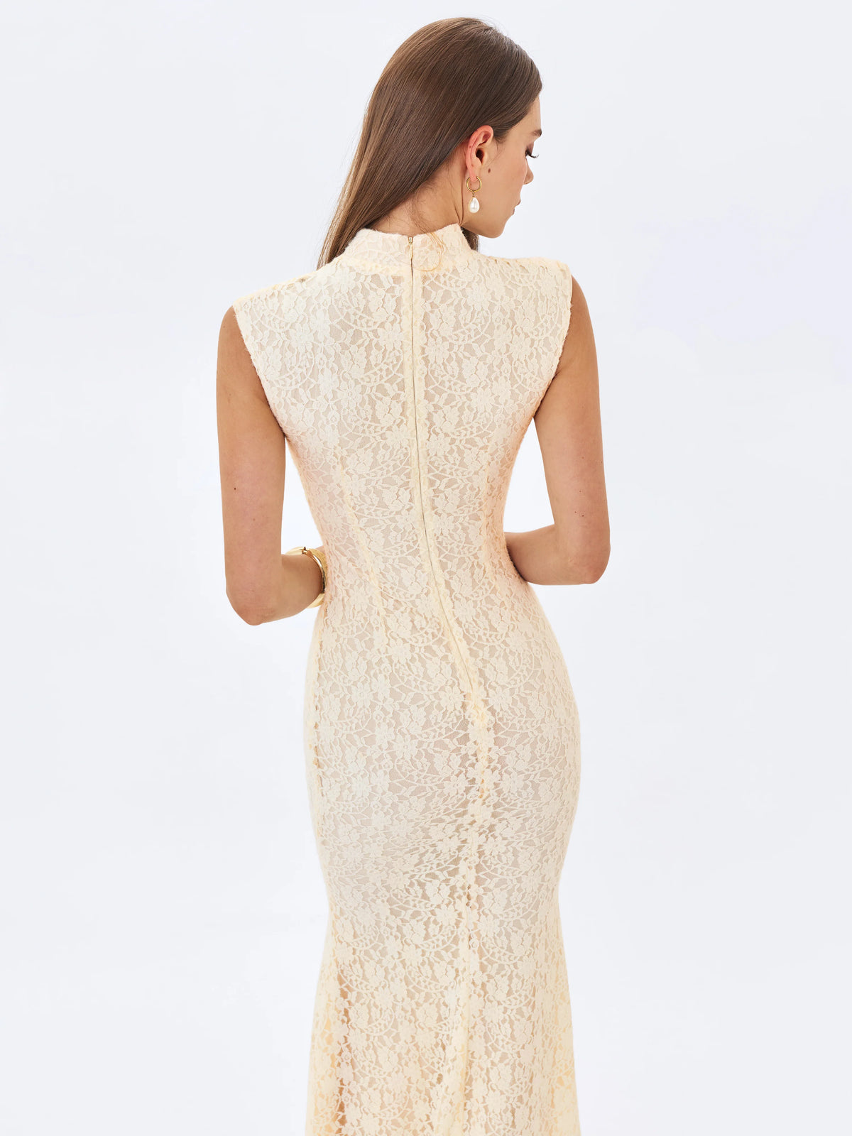 Garcelle Cream Brushed Lace Keyhole Mermaid Midi Dress