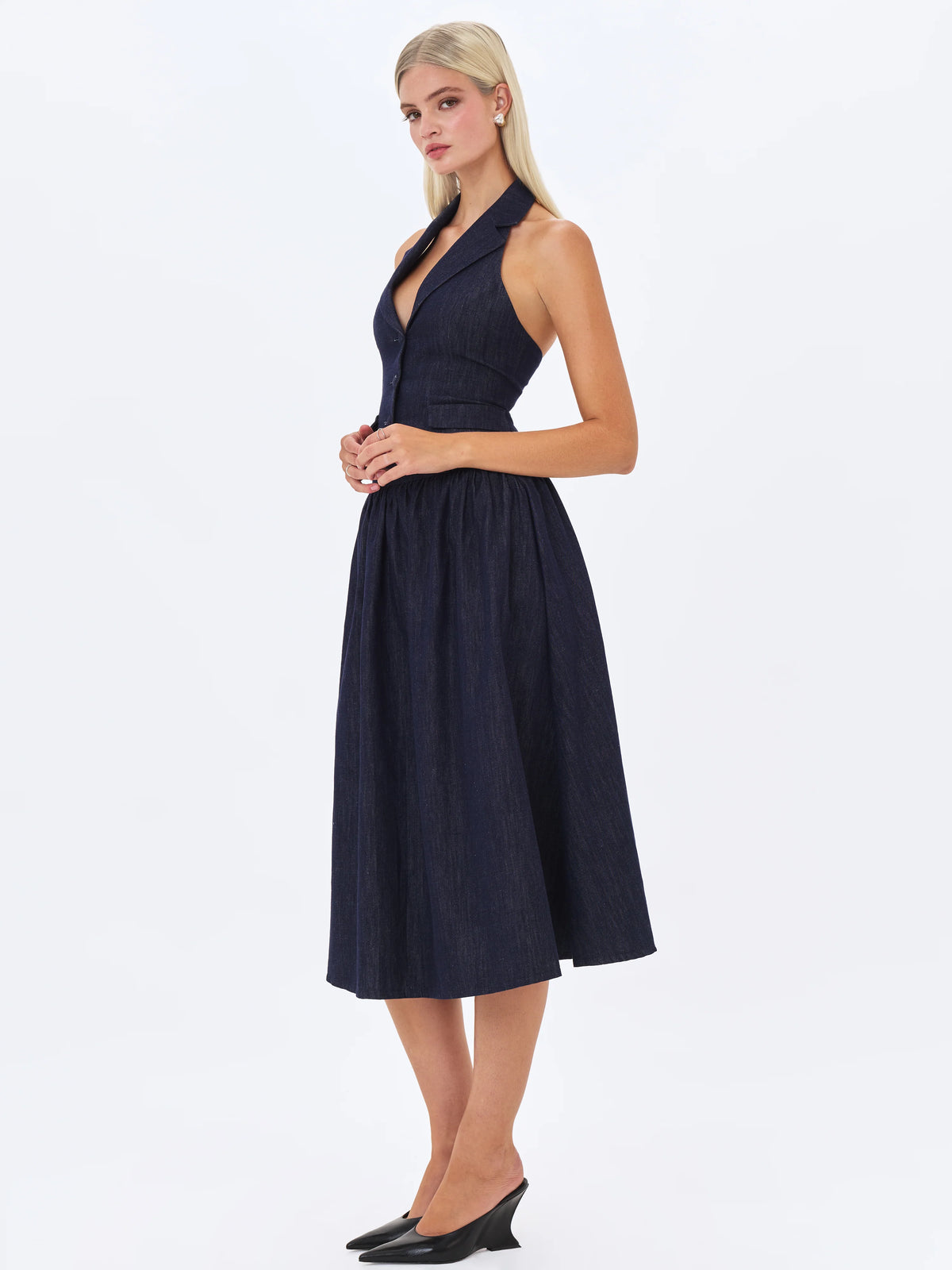 Maevie Indigo Denim Gathered A Line Midi Skirt