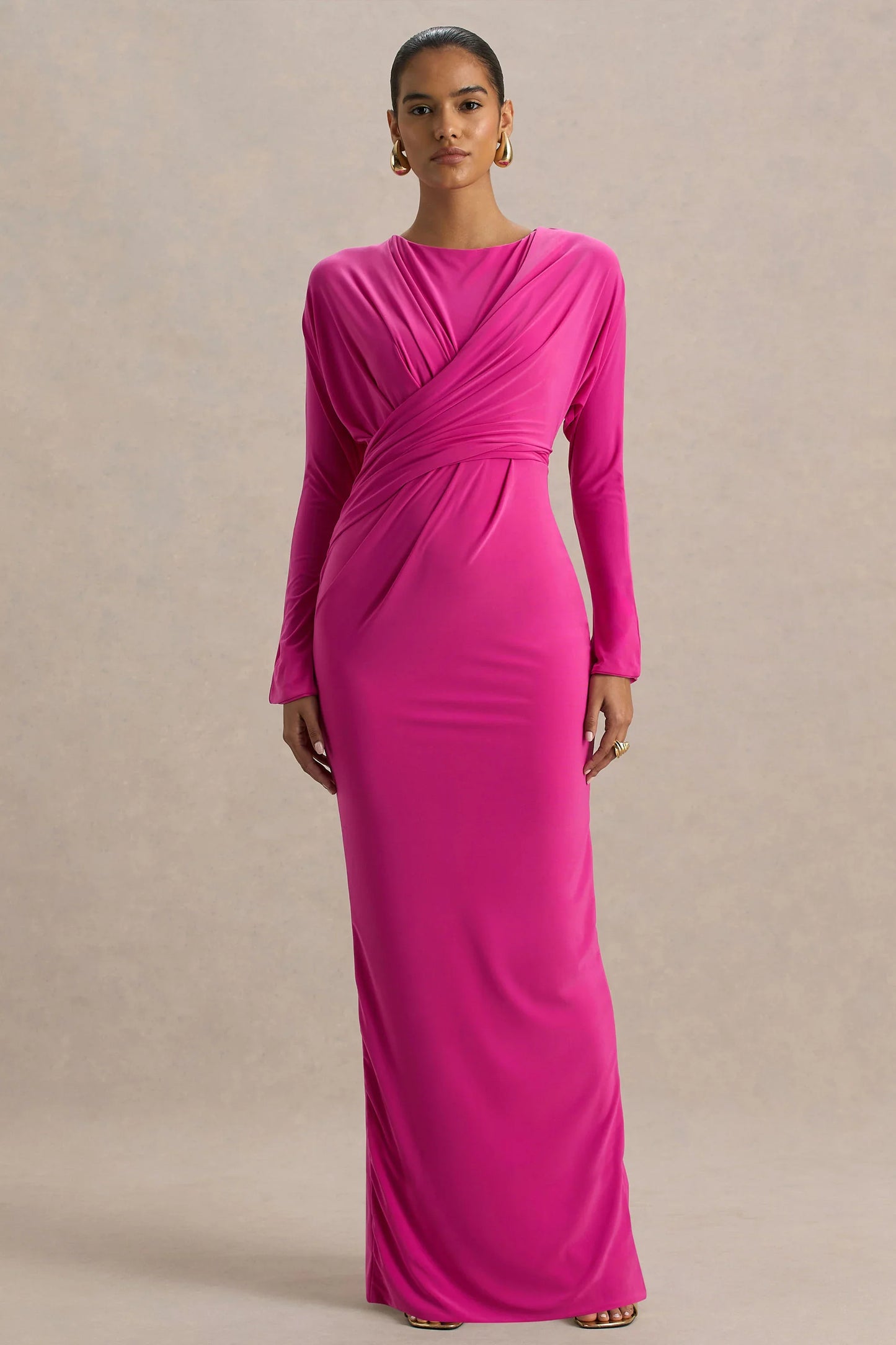 Regina Hot Pink High Neck Draped Wrap Maxi Dress