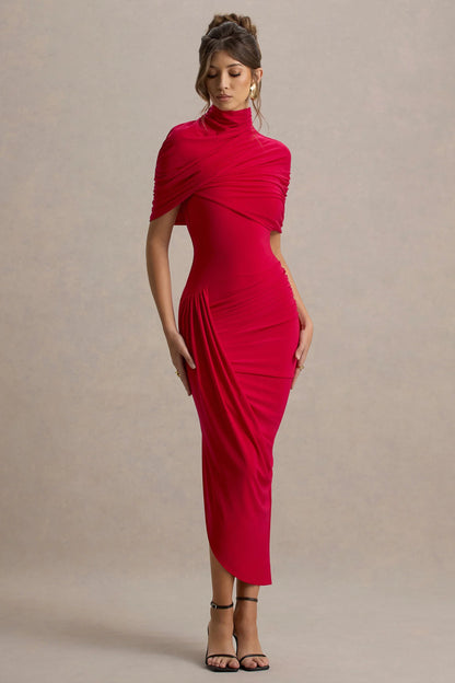 Enchant Red Asymmetric Twisted Cape Midi Dress