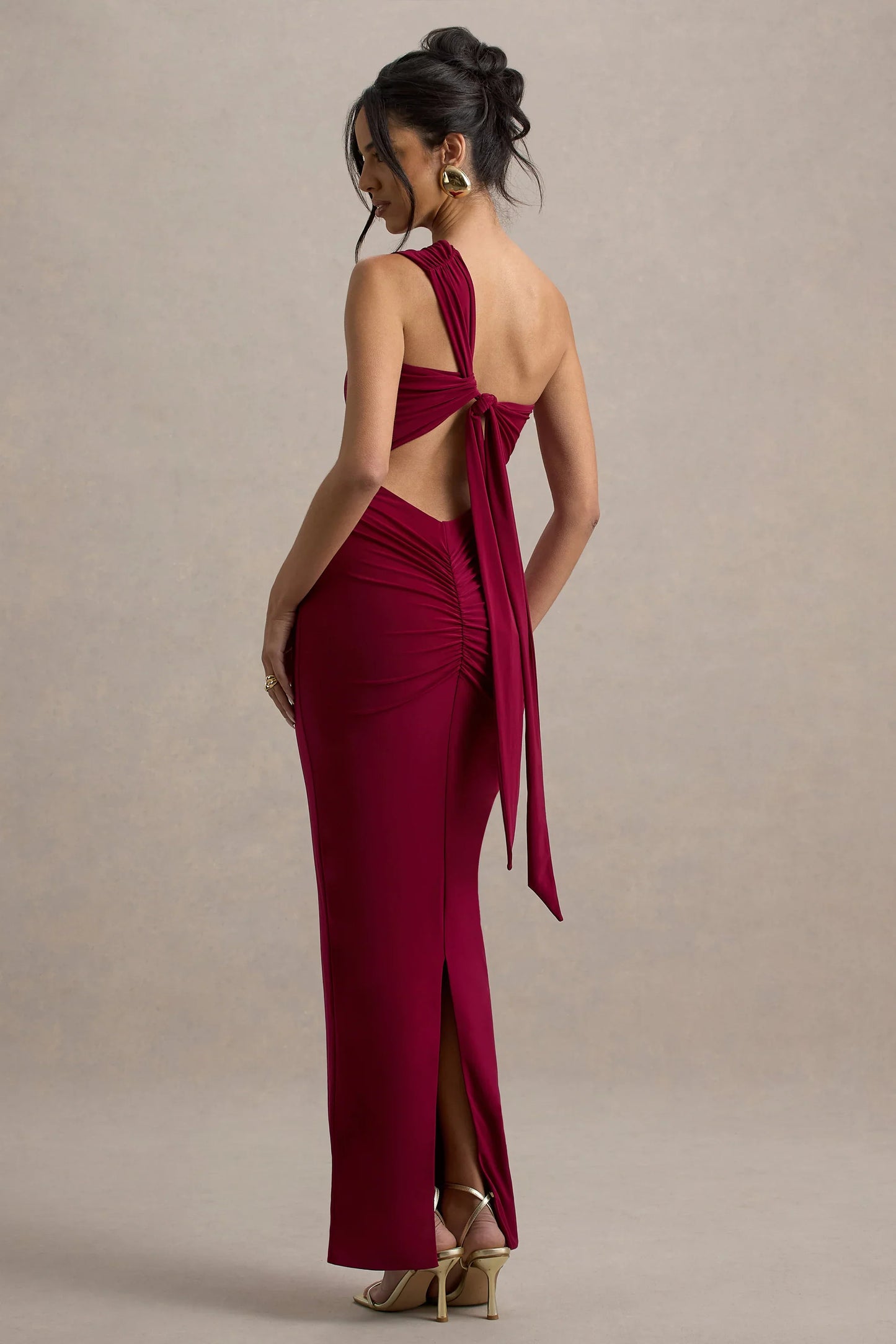 Venetia Burgundy One Shoulder Tie Back Maxi Dress