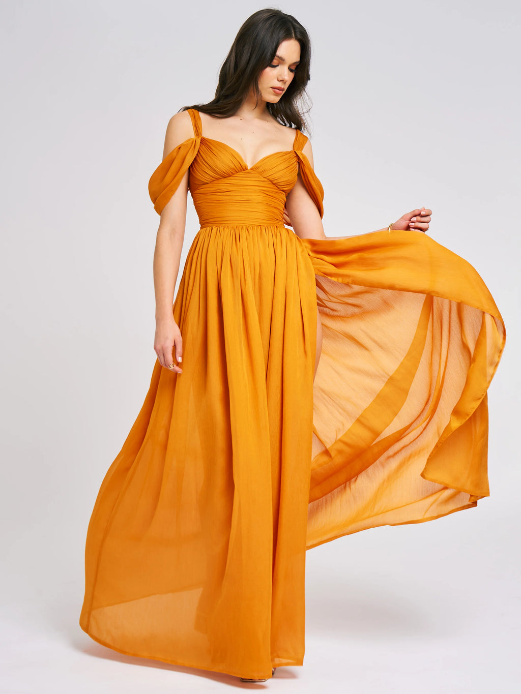 Jelani Layered Mesh High Slit Drape Maxi Dress