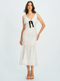 Paola White Peter Pan Collar Beaded Sequin Mermaid Midi Dress