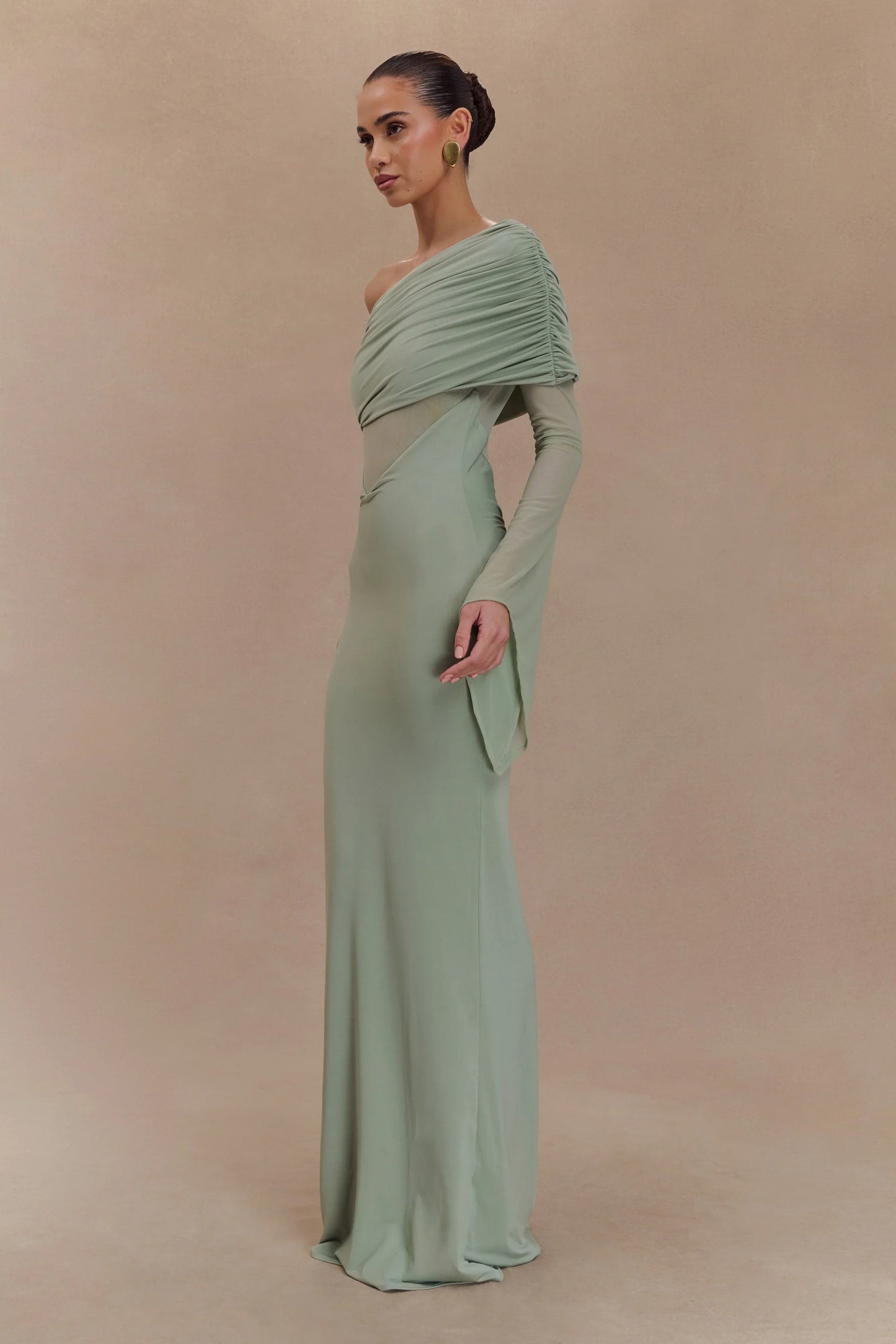 Kaitlin One Shoulder Slinky And Mesh Maxi Dress Basil